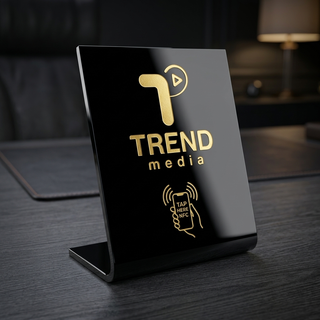 ستاند ترند الذكي ذو القاعدة المنحنية بشعار الشركة وأيقونة NFC تقريب الهاتف